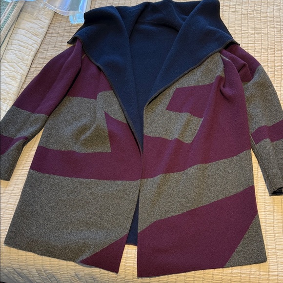LaFayette 148 Reversible Cashmere Sweater Coat Burgundy Gray Navy Soft XL - Picture 4 of 13